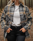 Dark Slate Gray Plaid Snap Down Long Sleeve Shacket