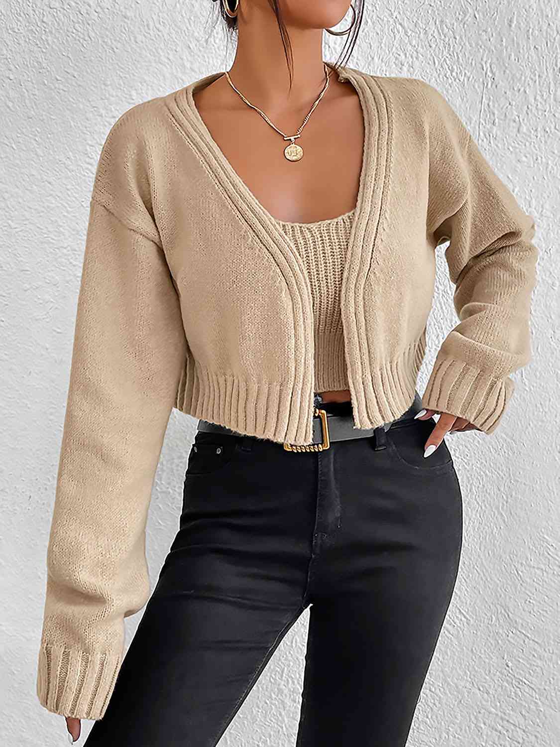 Light Gray Plain Sweater Cami and Cardigan Set