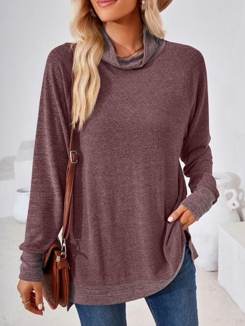 Dim Gray Contrast Mock Neck Long Sleeve T-Shirt