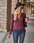 Dim Gray Half-Zip V-Neck Long Sleeve Top