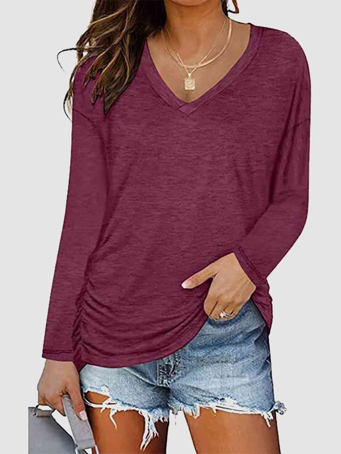 Saddle Brown Ruched V-Neck Long Sleeve T-Shirt