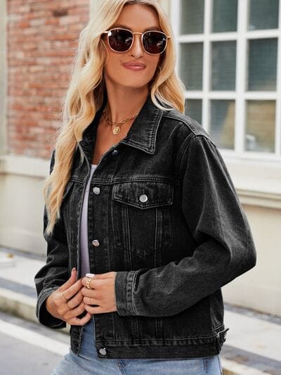 Dark Gray Pocketed Collared Neck Denim Jacket