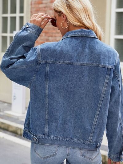 Dim Gray Pocketed Collared Neck Denim Jacket