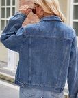 Dim Gray Pocketed Collared Neck Denim Jacket