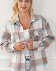 Gray Pocketed Plaid Collared Neck Jacket