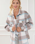 Light Gray Pocketed Plaid Collared Neck Jacket