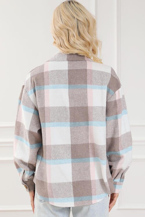 Light Gray Pocketed Plaid Collared Neck Jacket