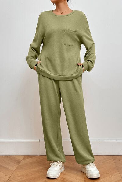 Gray Pocketed Round Neck Top and Pants Lounge Set