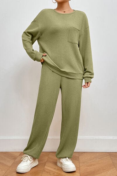 Light Gray Pocketed Round Neck Top and Pants Lounge Set