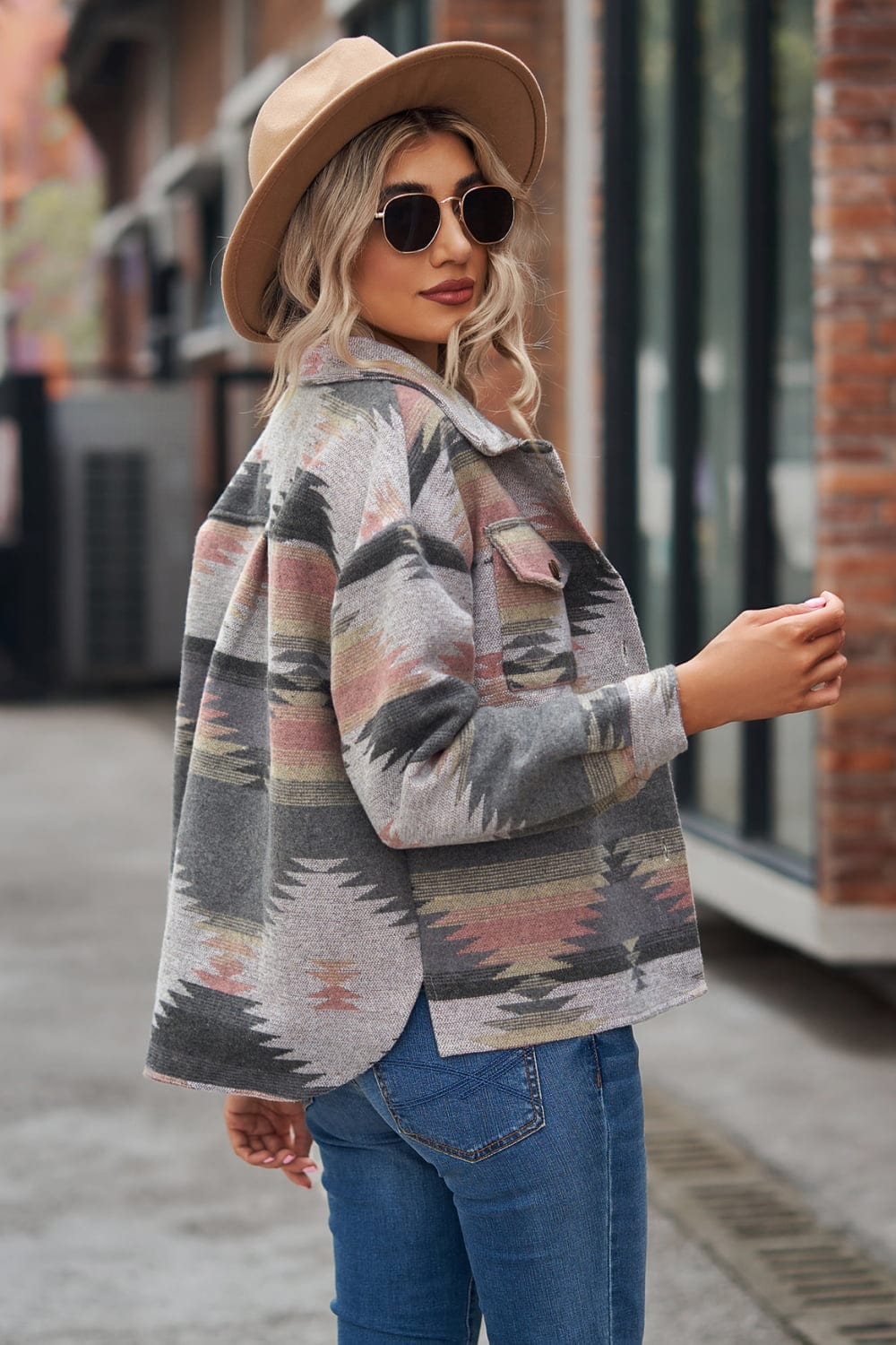 Dim Gray Printed Collared Neck Jacket