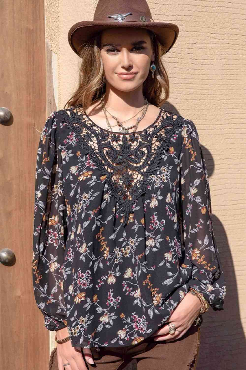 Rosy Brown Printed Round Neck Long Sleeve Blouse