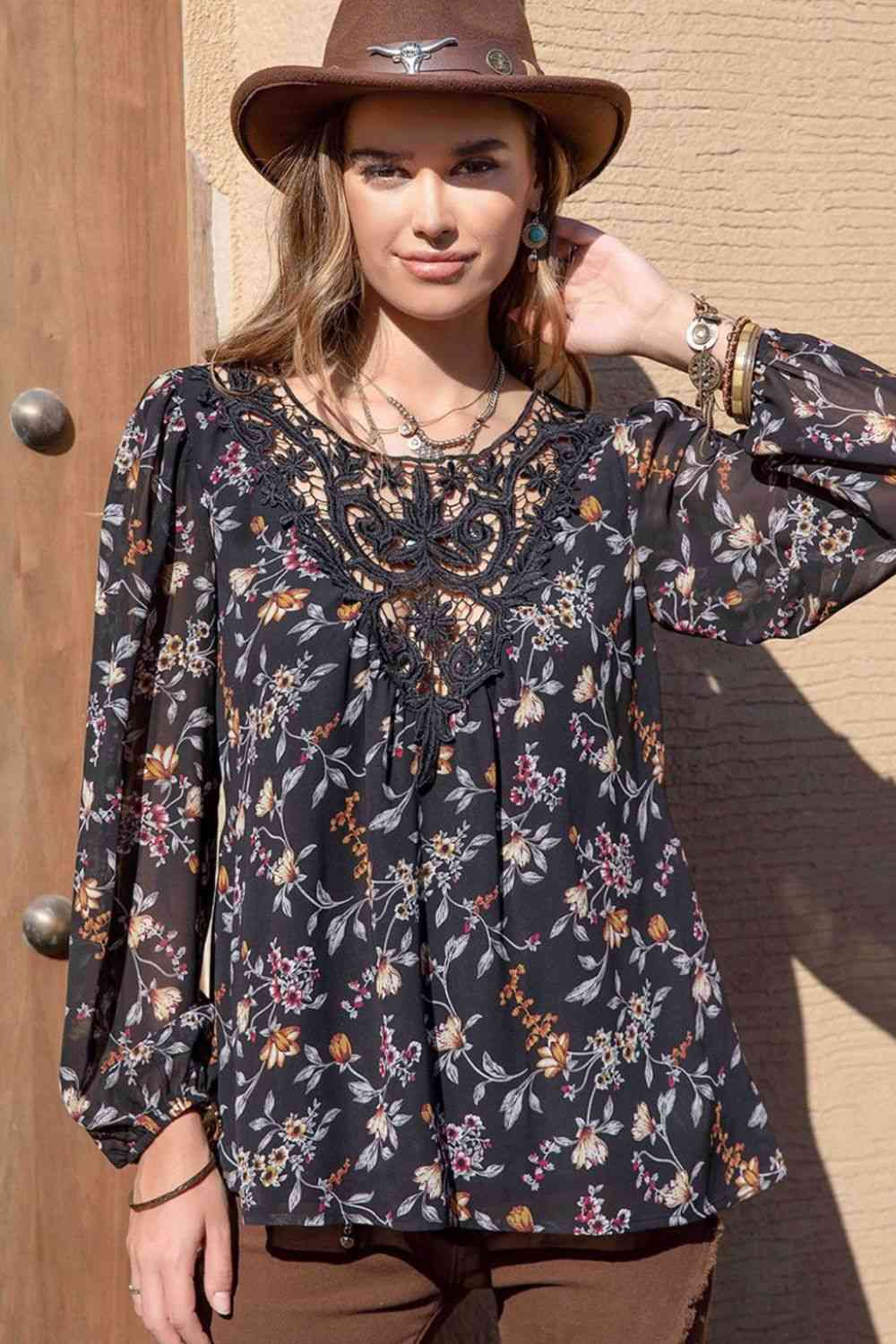 Dark Slate Gray Printed Round Neck Long Sleeve Blouse