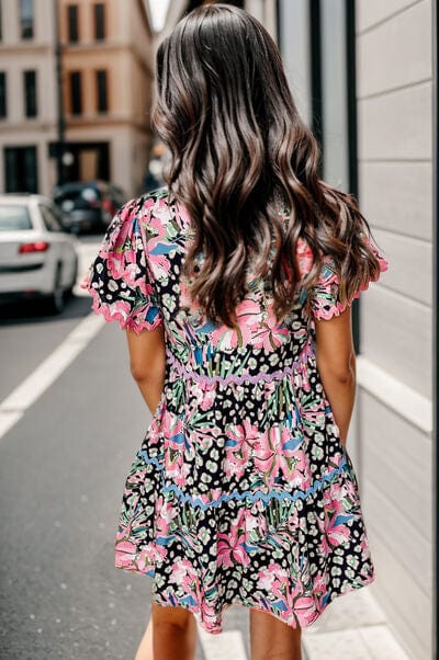 Dark Gray Printed Ruffle Hem Short Sleeve Mini Dress