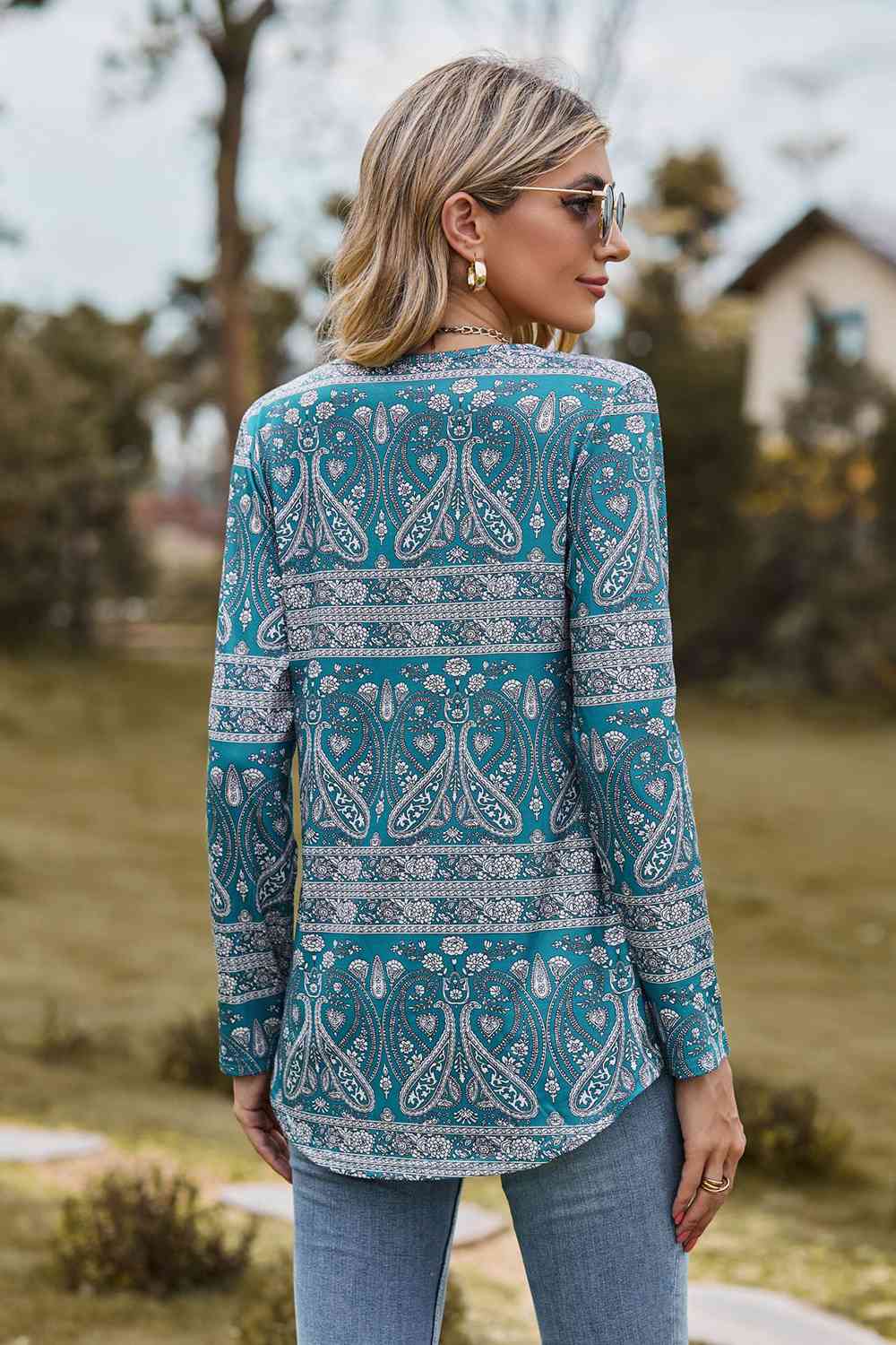 Dim Gray Printed Square Neck Long Sleeve Blouse