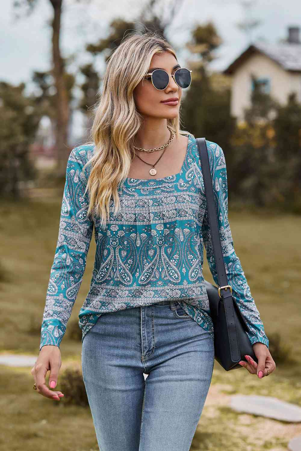 Dim Gray Printed Square Neck Long Sleeve Blouse