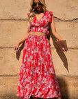 Dark Salmon Printed Tie Back Cropped Top and Maxi Skirt Set