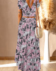 Rosy Brown Printed Tie Back Cropped Top and Maxi Skirt Set