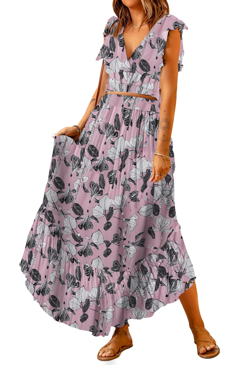 Rosy Brown Printed Tie Back Cropped Top and Maxi Skirt Set