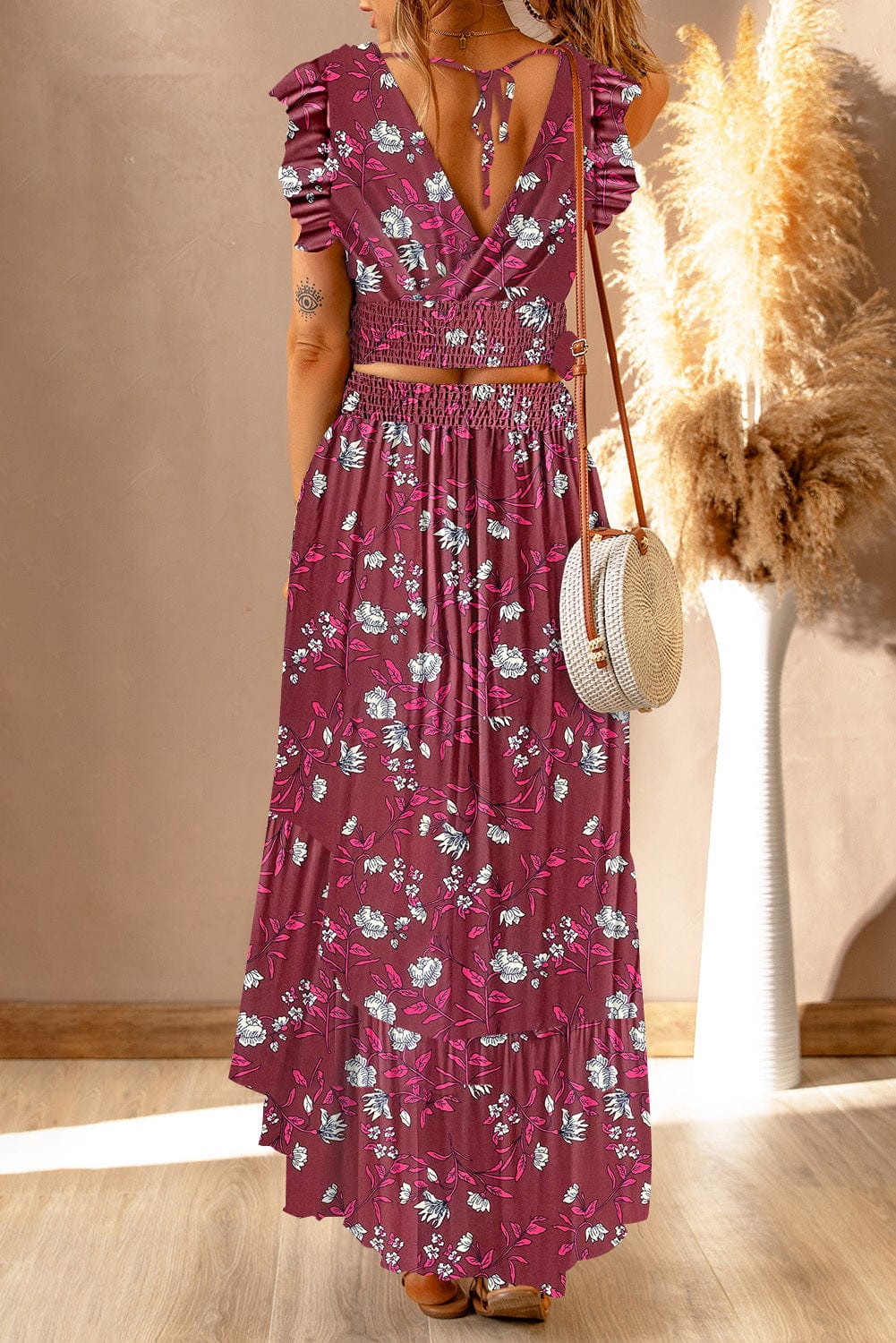 Rosy Brown Printed Tie Back Cropped Top and Maxi Skirt Set