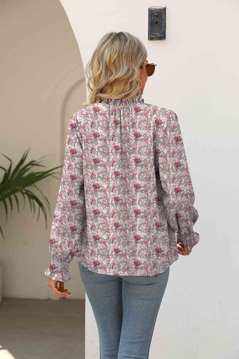 Rosy Brown Printed Tie Neck Flounce Sleeve Blouse