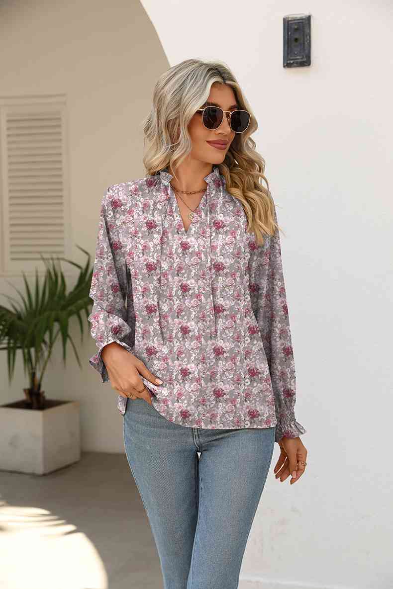 Rosy Brown Printed Tie Neck Flounce Sleeve Blouse