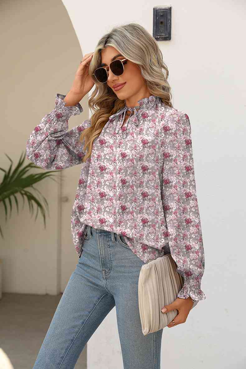 Rosy Brown Printed Tie Neck Flounce Sleeve Blouse