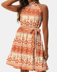 Beige Printed Tie Waist Frill Trim Dress