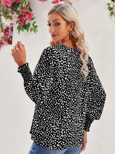 Black Printed V-Neck Lantern Sleeve Blouse