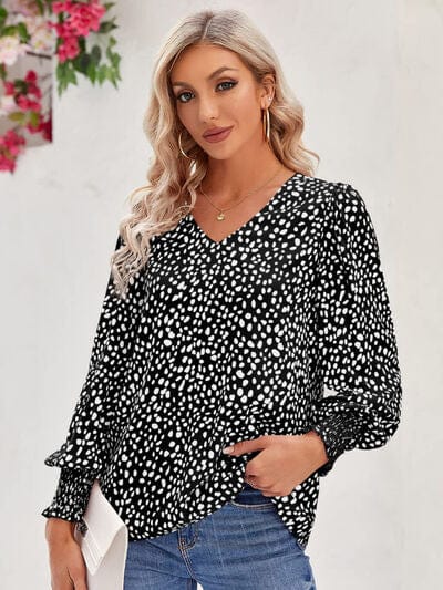 Dark Slate Gray Printed V-Neck Lantern Sleeve Blouse