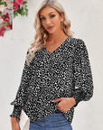 Dark Slate Gray Printed V-Neck Lantern Sleeve Blouse