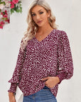 Dark Slate Gray Printed V-Neck Lantern Sleeve Blouse