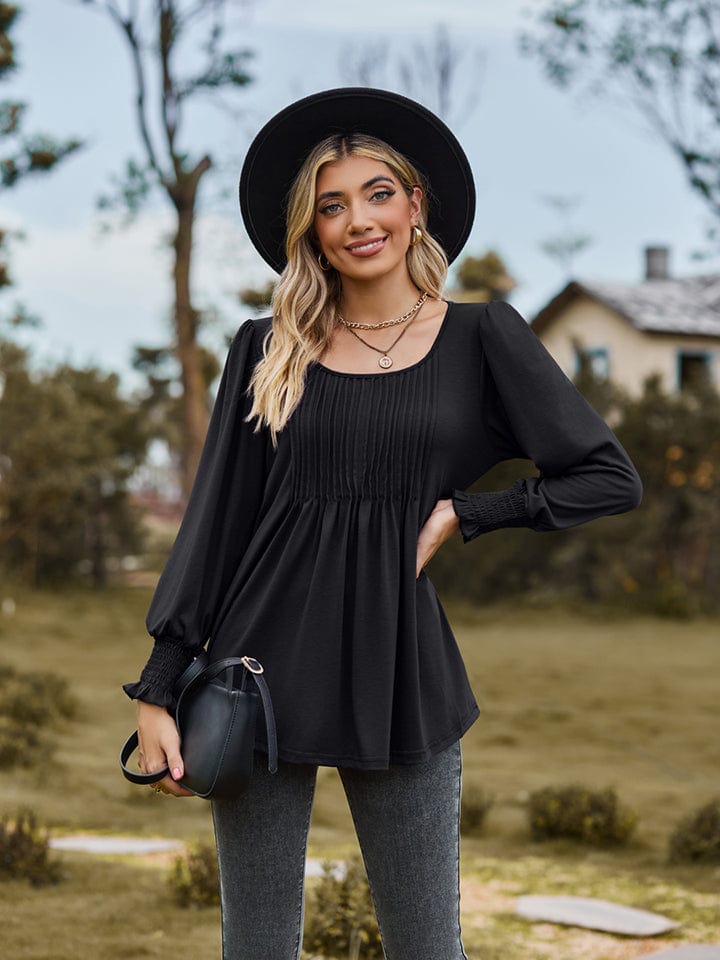 Dark Slate Gray Puff Sleeve Pleated Blouse