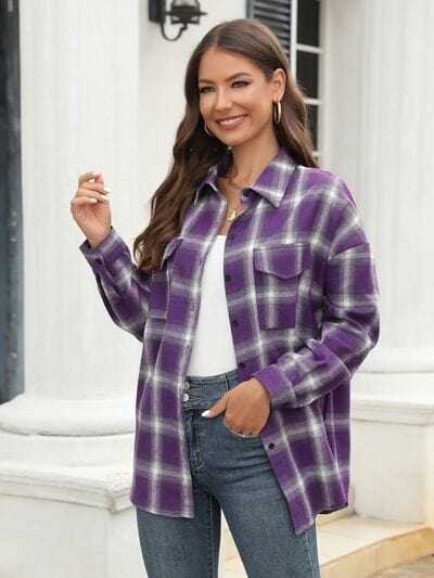 Dark Slate Gray Plaid Button Up Pocketed Shirt