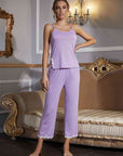 Dim Gray V-Neck Lace Trim Slit Cami and Pants Pajama Set