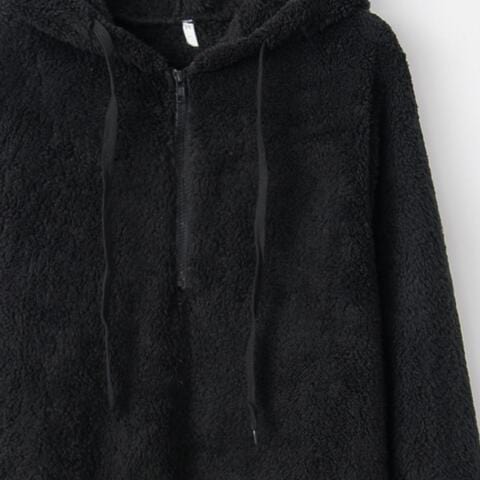 Black Quarter-Zip Drawstring Teddy Hoodie