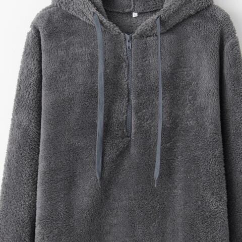 Dark Slate Gray Quarter-Zip Drawstring Teddy Hoodie