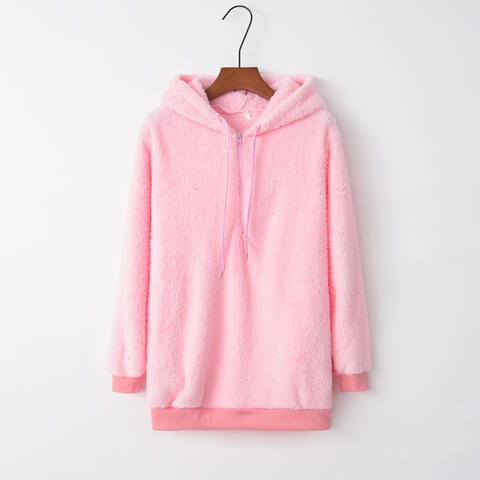 Misty Rose Quarter-Zip Drawstring Teddy Hoodie