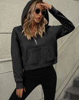 Black Raglan Sleeve Zip-Up Hoodie with Pocket