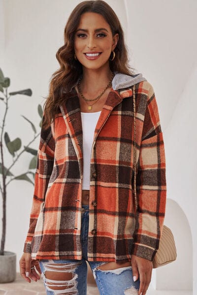 Gray Button Up Plaid Hooded Jacket