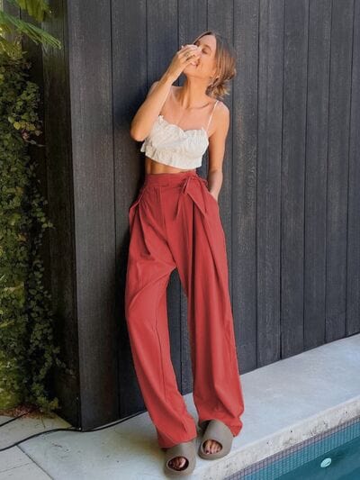 Dark Slate Gray Tied High Waist Wide Leg Pants