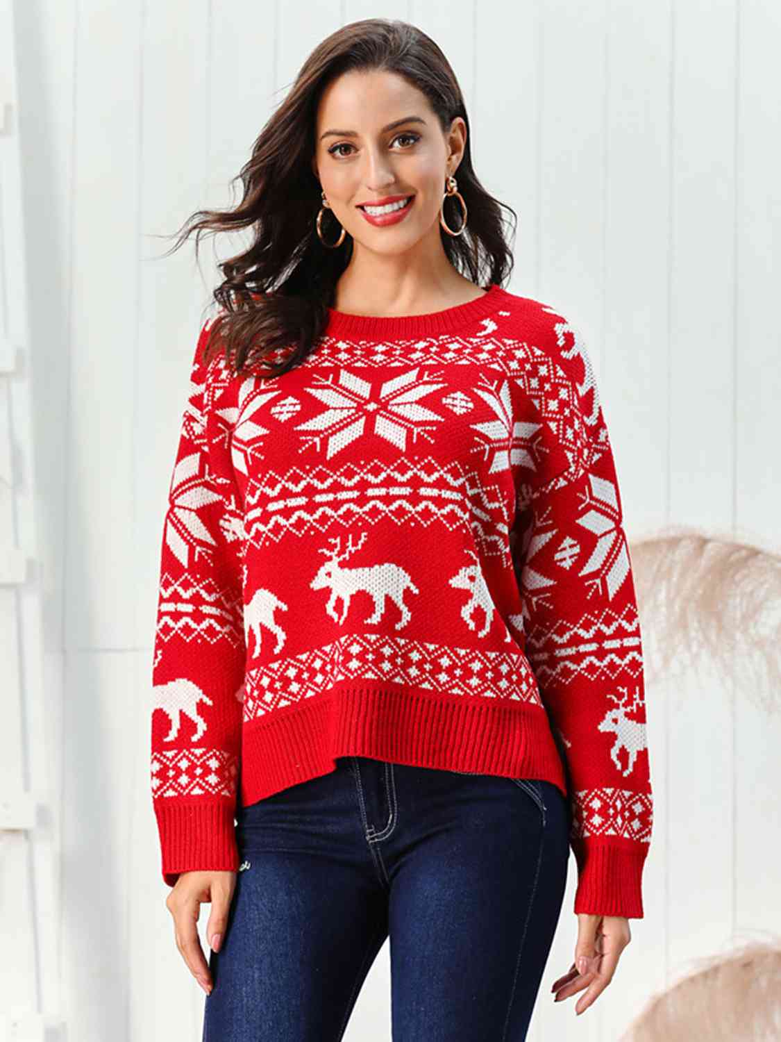 Black Reindeer & Snowflake Round Neck Sweater