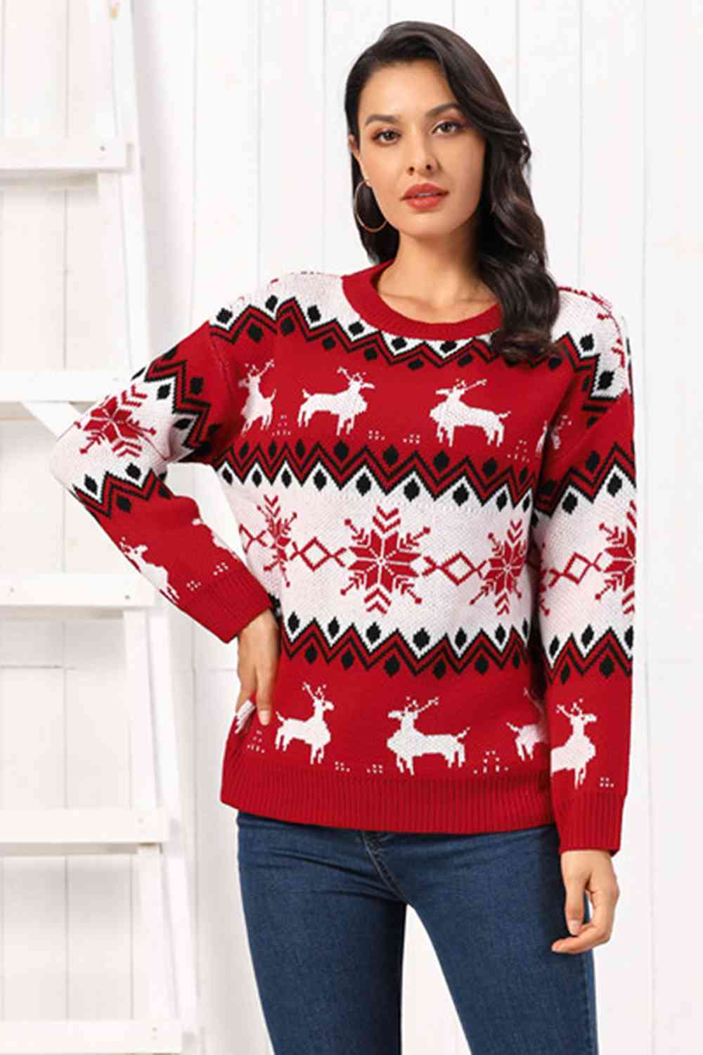 Dark Slate Gray Reindeer Round Neck Sweater