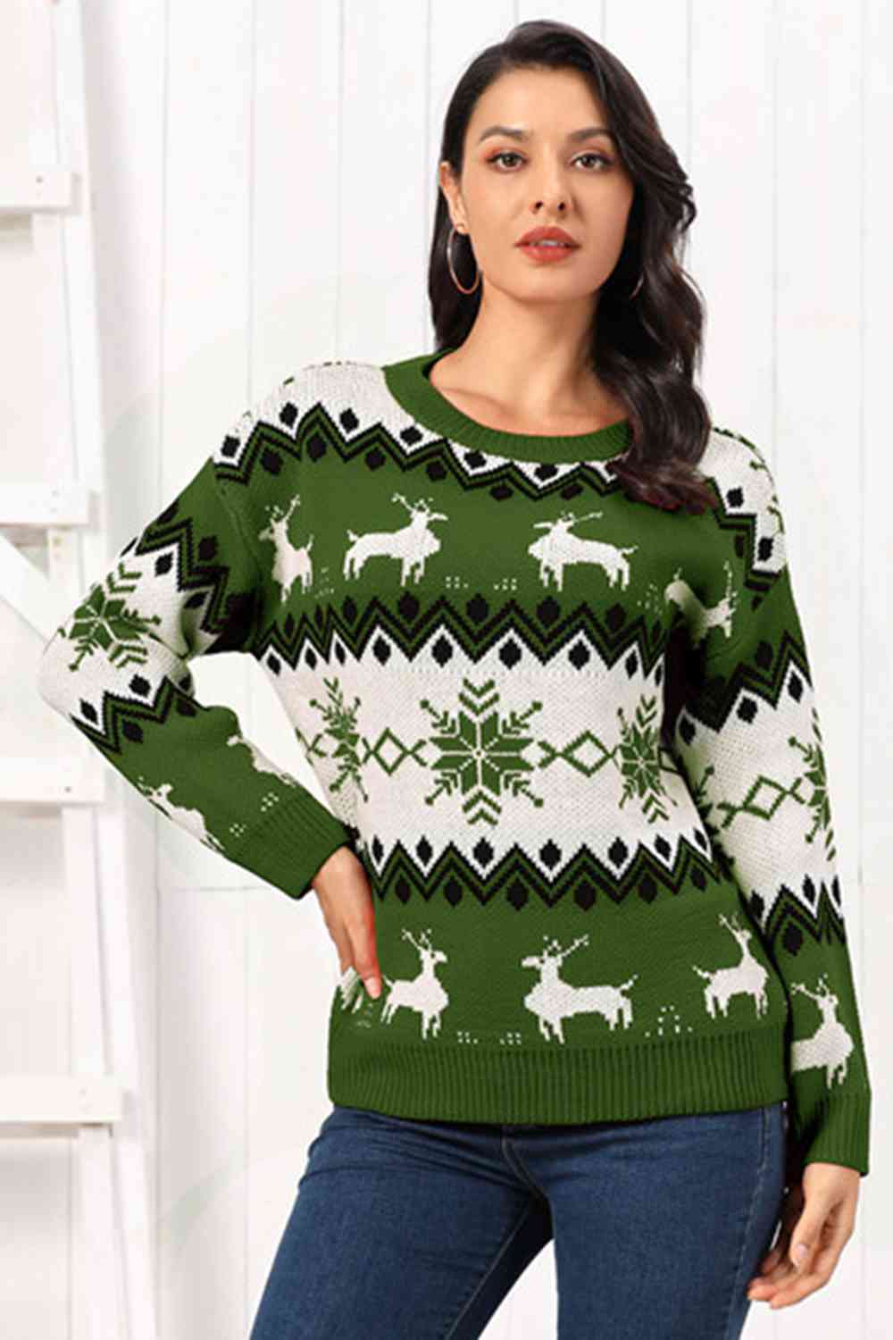 Antique White Reindeer Round Neck Sweater