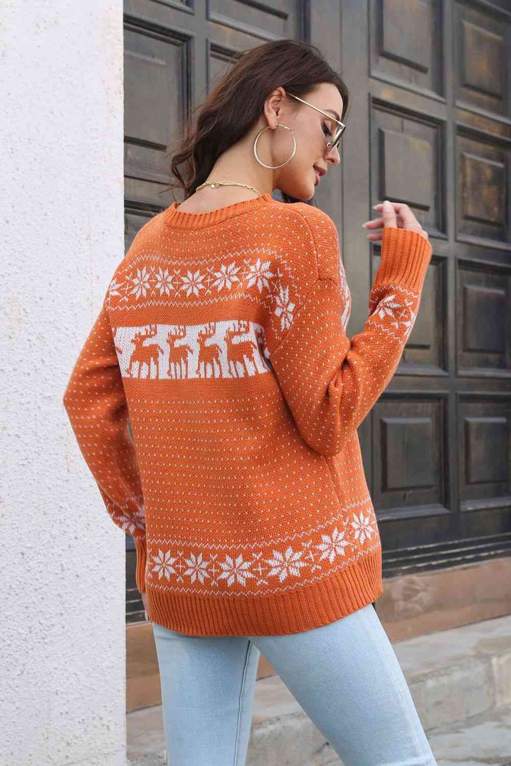 Sienna Reindeer & Snowflake Pattern Dropped Shoulder Pullover Sweater