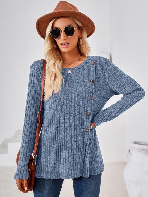 Dark Slate Gray Ribbed Buttoned Round Neck Slit T-Shirt