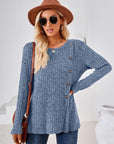 Dark Slate Gray Ribbed Buttoned Round Neck Slit T-Shirt