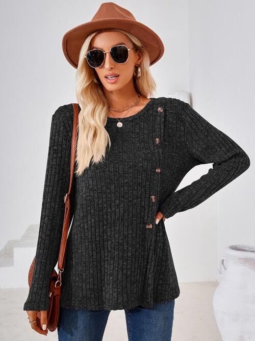 Light Gray Ribbed Buttoned Round Neck Slit T-Shirt