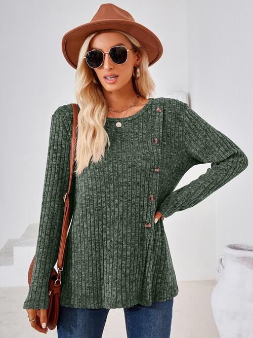 Dark Slate Gray Ribbed Buttoned Round Neck Slit T-Shirt