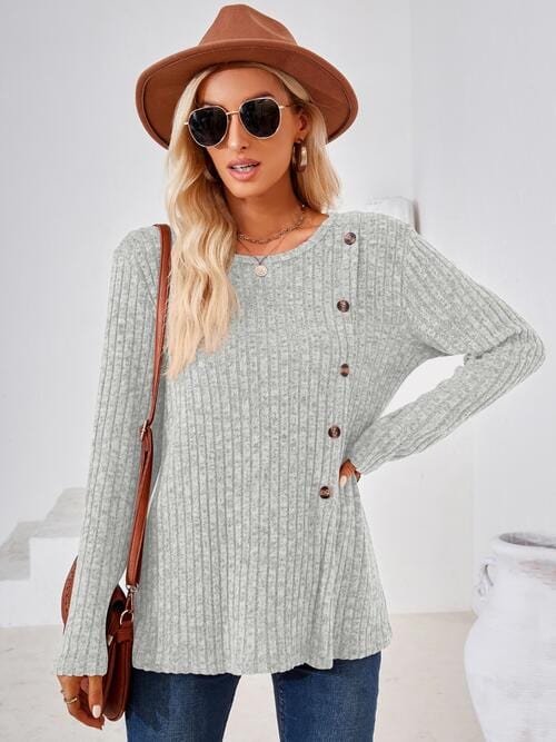 Light Gray Ribbed Buttoned Round Neck Slit T-Shirt