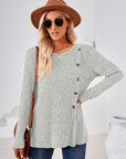 Light Gray Ribbed Buttoned Round Neck Slit T-Shirt